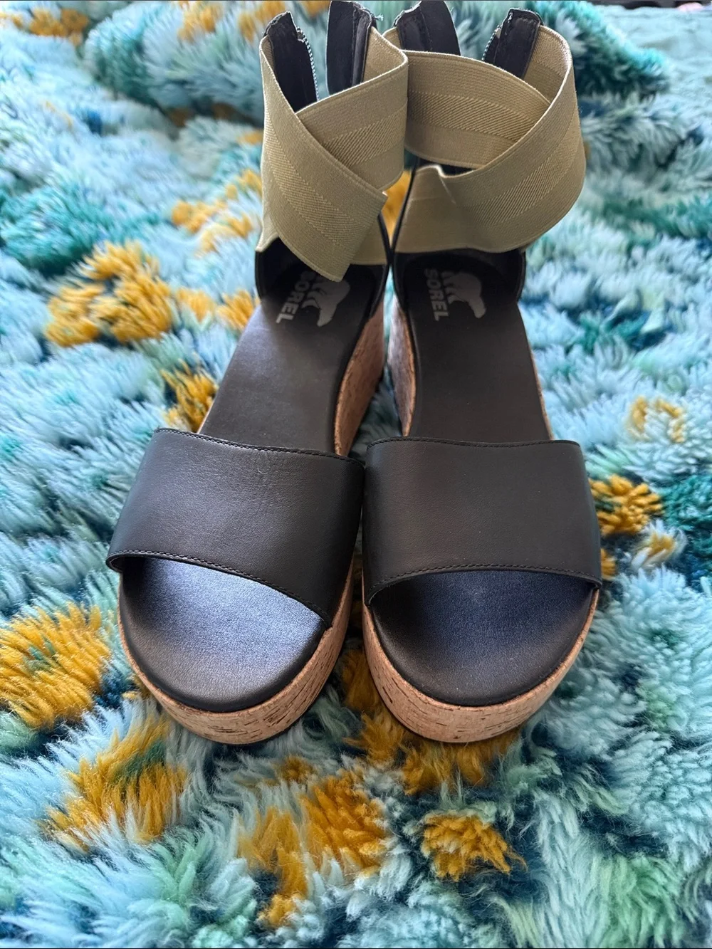 Sorel Black Leather Wedge Sandals with Olive Ankle Wrap